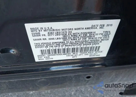 2015 Mitsubishi Outlander Sport Gt from USA, damaged, VIN 4A4AR4AW7FE026197